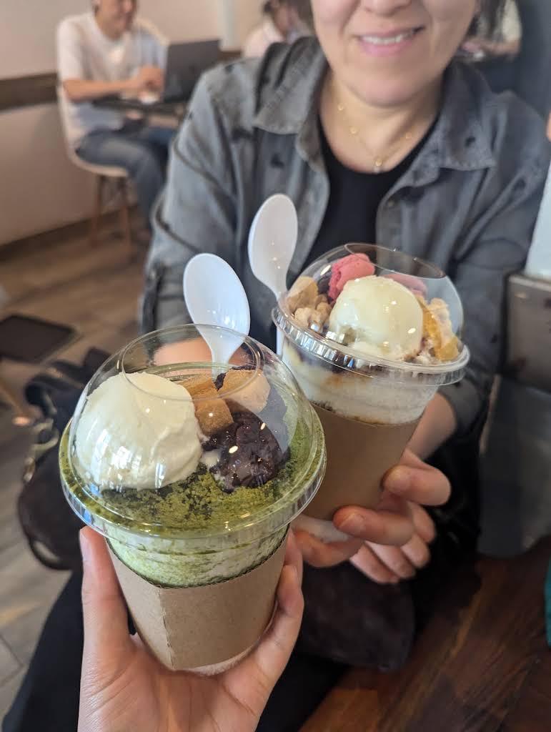 Matcha and strawberry bingsu cups