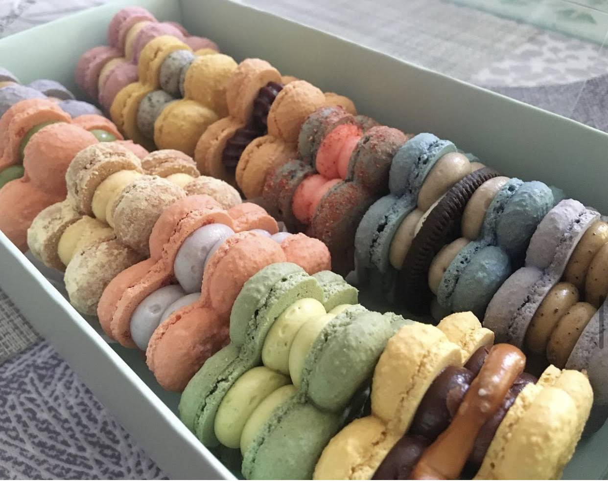 Colorful flower-shaped macarons box